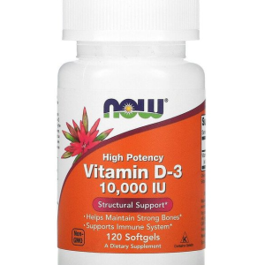 Now Foods Vitamine D3, 10 000 UI, 120 gélules aide à maintenir des os solides, sans OGM + étiquette cadeau